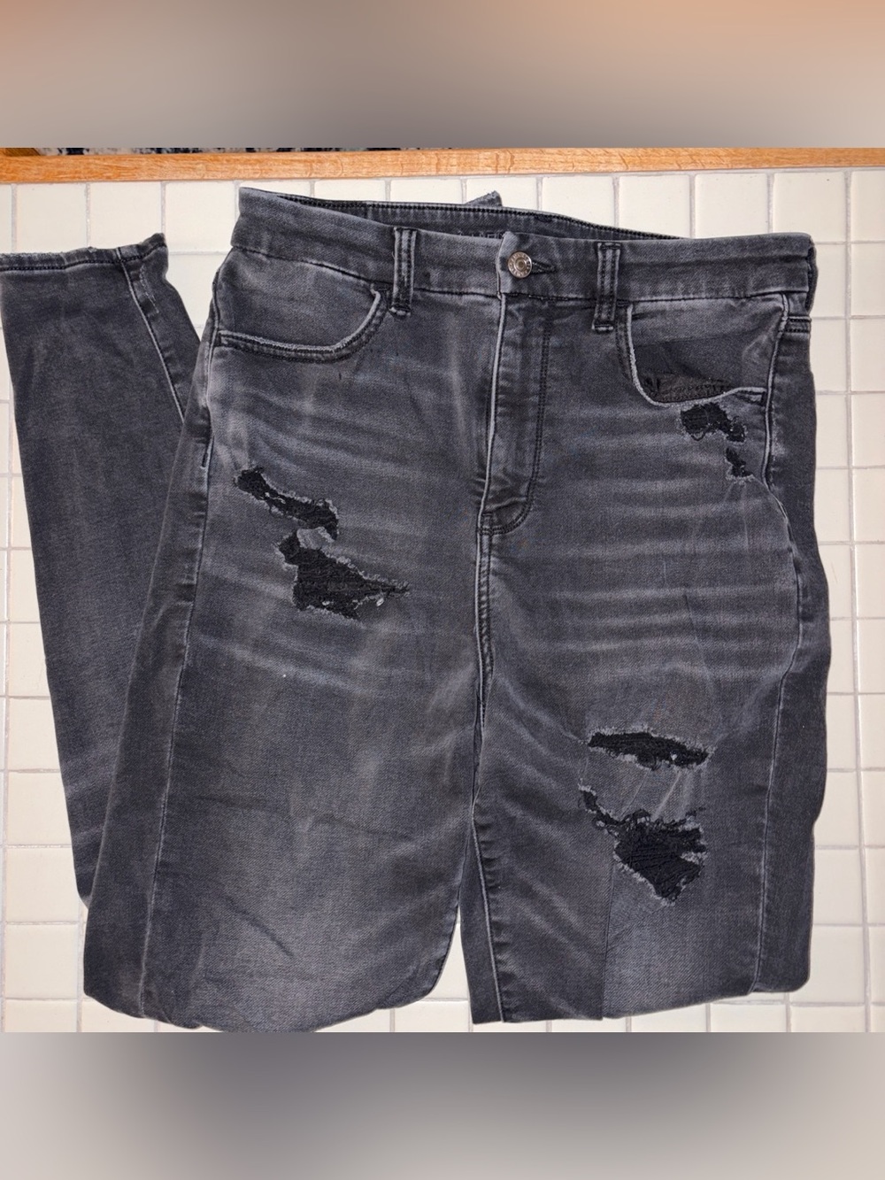 American Eagle Outfitters Black Denim Jeans Long with Distressed Details
